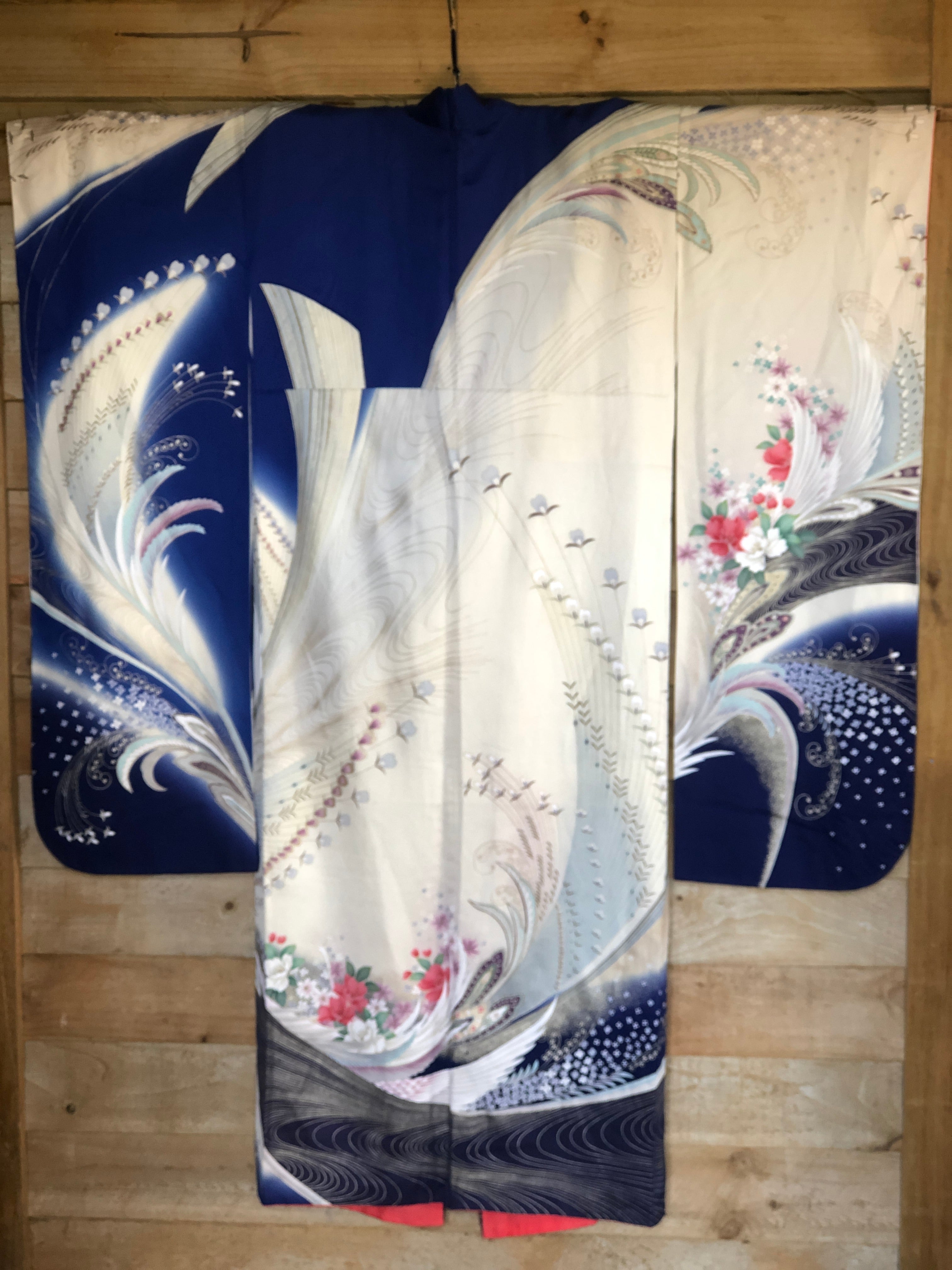 Furisode blue feather Kimono